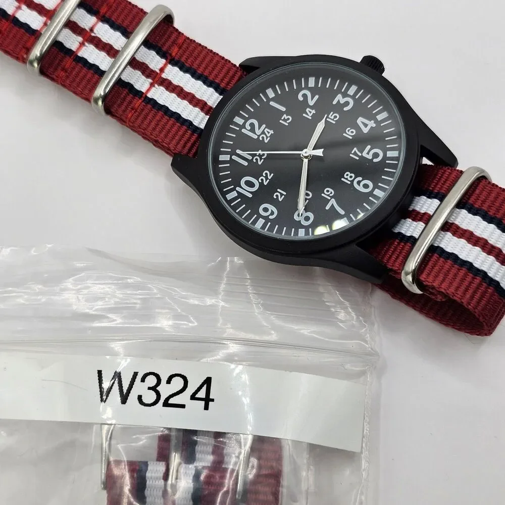 Men's Military Watch 42MM Large Case Black Dial Red Blue White Canvas Band Strap